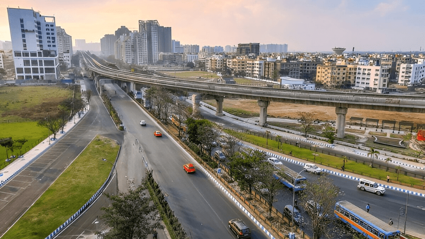A dynamic city street scene with traffic flow and high-rise buildings in the background, capturing the infrastructure of Electronic City.