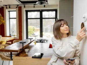 woman controlling smart home devices with a digital mechine