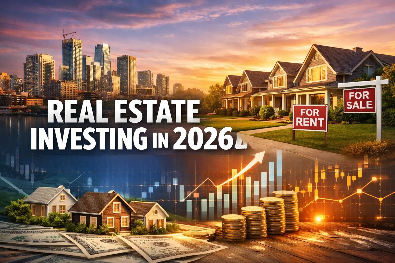 Real estate investing trends 2026 with modern city skyline and rising property values
