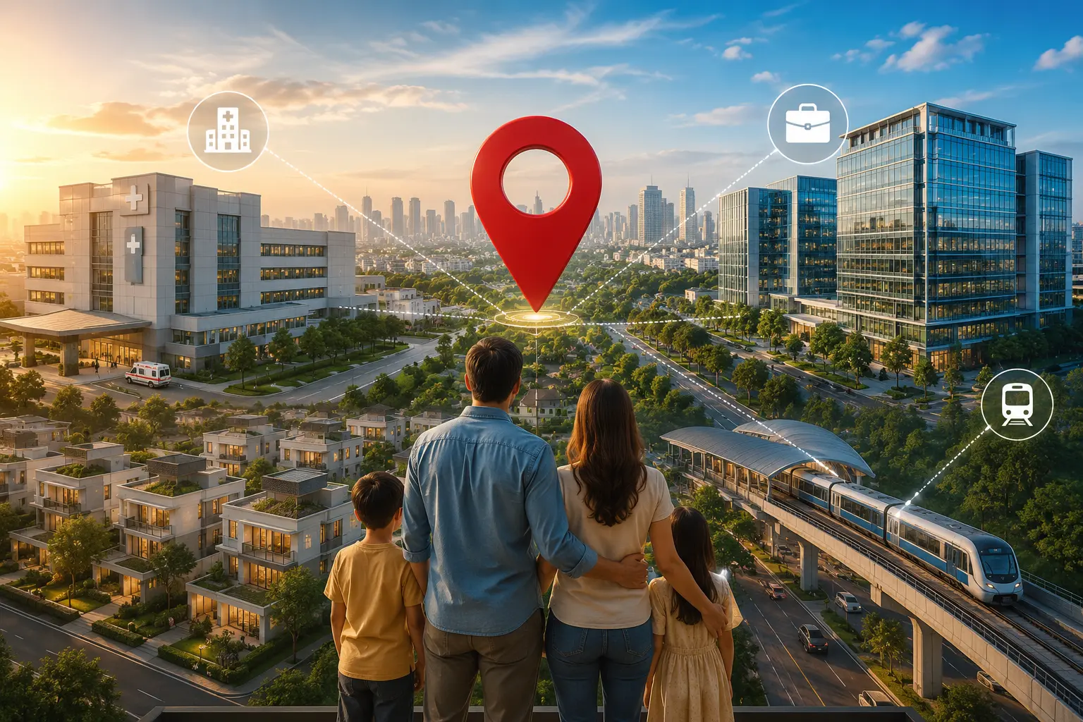 Modern cityscape showing premium residential apartments, metro connectivity, corporate offices, and urban infrastructure highlighting the importance of location in today’s property market.