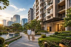 Modern luxury apartment near Bengaluru IT hubs with landscaped gardens and professionals enjoying a premium residential community.