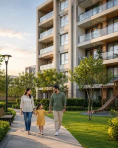 Family walking through the landscaped garden of a family-friendly apartment community in Bengaluru