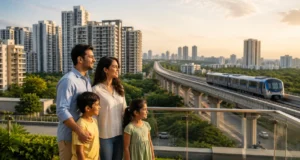 Happy family overlooking a modern residential skyline with an elevated metro line, illustrating how metro connectivity impacts property value, home appreciation, and real estate investment.
