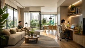 Modern apartment interior showing a calm work-from-home setup, cozy living area, natural light, indoor plants, and city views for better work-life balance.