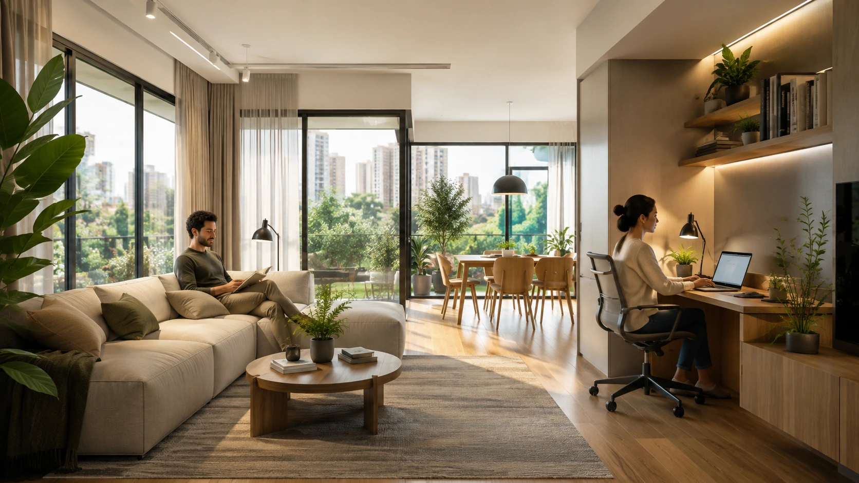 Modern apartment interior showing a calm work-from-home setup, cozy living area, natural light, indoor plants, and city views for better work-life balance.