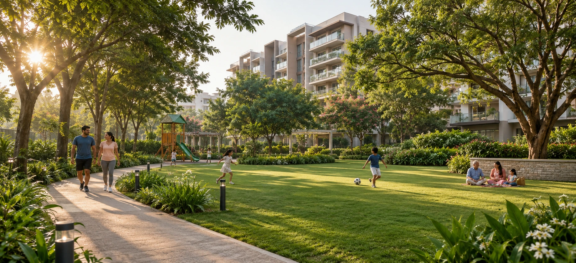 Families enjoying landscaped open spaces in a modern Bengaluru apartment community