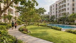 Apartment courtyard with landscaped gardens, a walking path, benches, a swimming pool and a children’s play area.